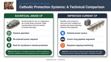Sacrificial anode versus impressed current cathodic protection system comparison infographic