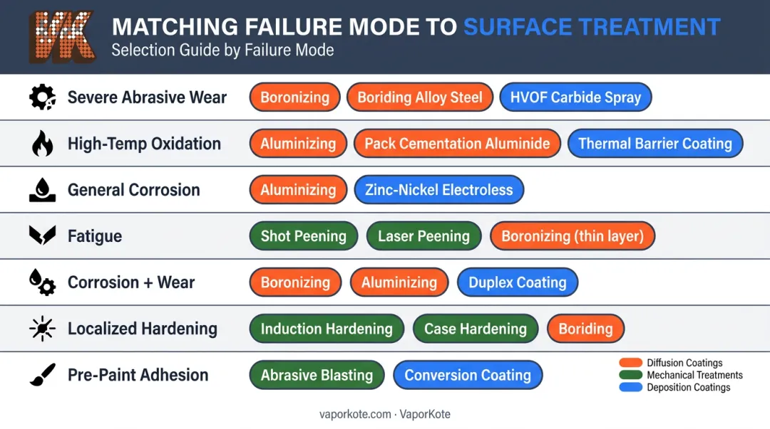 Industrial surface treatment selection matrix matching failure modes to recommended coating techniques