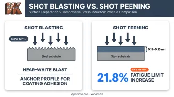 Shot blasting versus shot peening dual-function surface preparation process comparison infographic