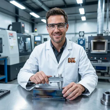 Metallurgist inspecting a thermally processed metal component with precision measurement tools