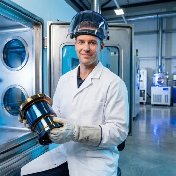 Industrial technician applying advanced PVD coating to a precision metal component in a professional facility