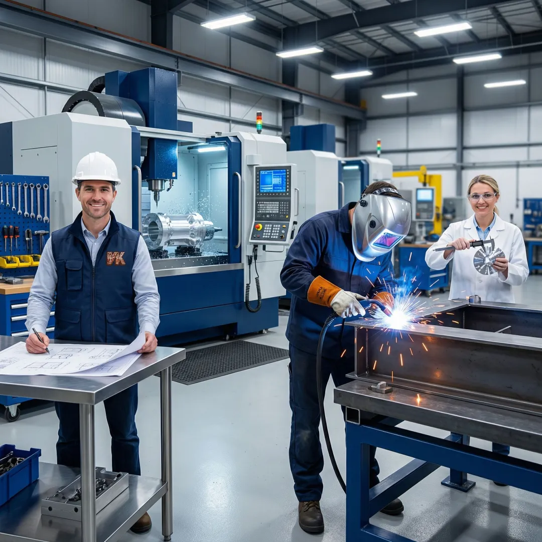 Step-by-step metal fabrication process in an industrial workshop showing machining and welding stages