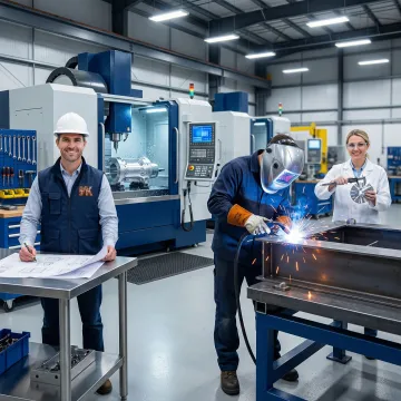 Step-by-step metal fabrication process in an industrial workshop showing machining and welding stages