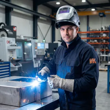 Skilled welder performing TIG welding on a precision metal component in an industrial fabrication shop