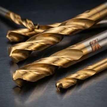 Close-up of TiN-coated industrial drill bits and cutting tools with gold titanium nitride surface finish