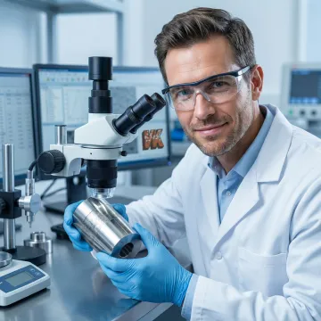 Technician performing metallurgical analysis on a boronized industrial component in a quality control lab