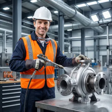 Industrial coating technician applying protective surface treatment to large metal components in a facility