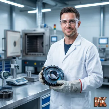 Technician inspecting plasma nitrided metal parts after surface hardening treatment