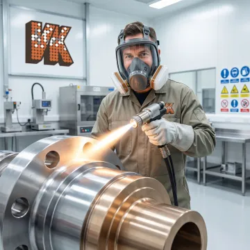 Industrial technician applying wear resistant coating to metal components in a professional facility