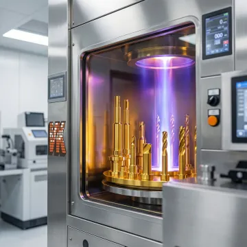 Zirconium nitride PVD coating being applied to industrial metal components in a vacuum chamber