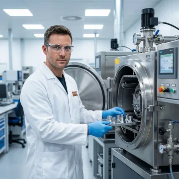 Technician loading metal components into a PVD vacuum coating chamber
