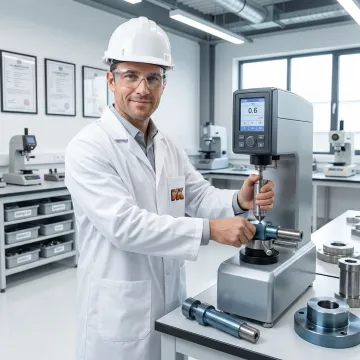 Metallurgist inspecting heat-treated steel parts using hardness testing equipment in an industrial lab