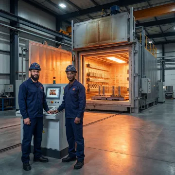 Industrial heat treatment furnace processing metal components in a manufacturing facility