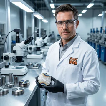 Metallurgist inspecting heat-treated specialty steel parts in an industrial lab