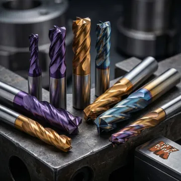 PVD-coated cutting tools with golden TiN finish arranged on an industrial workbench