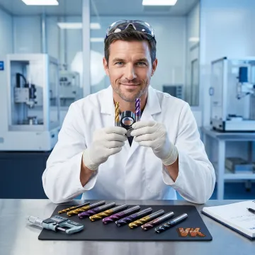 Technician inspecting PVD-coated cutting tools under magnification in a coatings laboratory