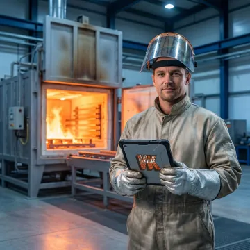 Metal heat treating service technician working with industrial furnace equipment