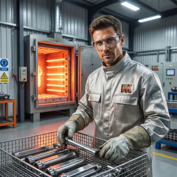 Industrial heat treating process showing metal components being processed in a controlled high-temperature furnace