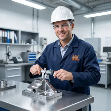 Metallurgical technician inspecting heat treated metal component with measuring instruments