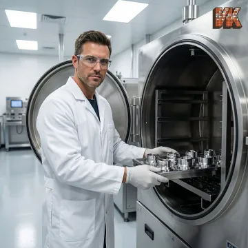 Technician operating PVD coating chamber for titanium nitride deposition