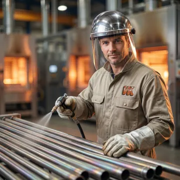 Technician applying protective coating to heat exchanger tubing in an industrial facility