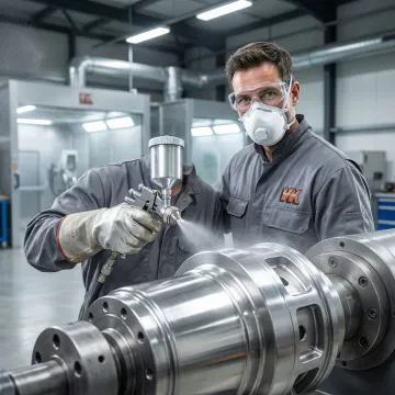 Metal coating technician applying industrial protective coating to large metal components in a California facility