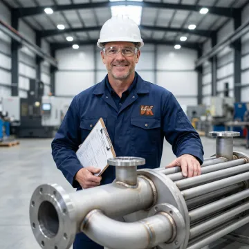 VaporKote team inspecting a custom-fabricated heat exchanger during quality control process