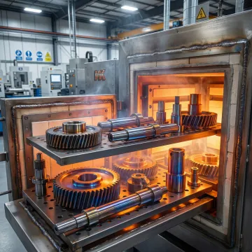 Industrial gas nitriding furnace treating steel components for enhanced surface hardness