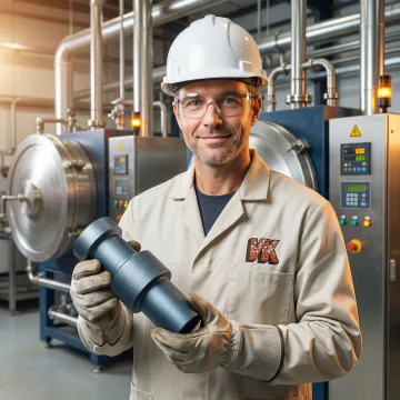 Metallurgist inspecting nitrided steel components after heat treatment process
