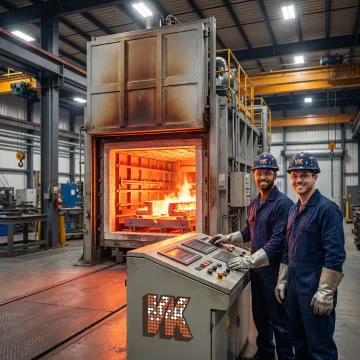 Industrial heat treating furnace glowing with metal components inside a foundry facility