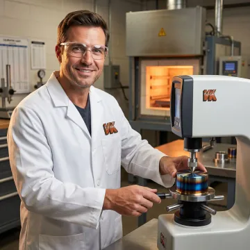 Metallurgist reviewing heat treated metal components with hardness testing equipment in a laboratory