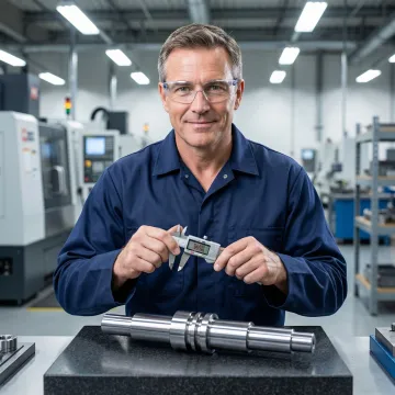 Quality inspector measuring a precision-machined CNC turned component with calipers