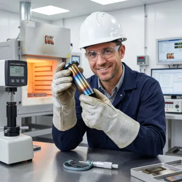 Metallurgical engineer inspecting heat-treated metal components in industrial laboratory