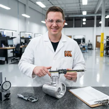 Quality engineer inspecting a precision-machined aluminum component with calipers in a manufacturing facility