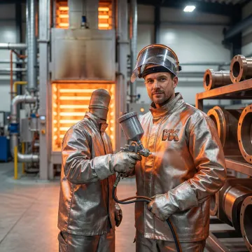 Industrial coating technician applying protective diffusion coating to metal components in a manufacturing facility