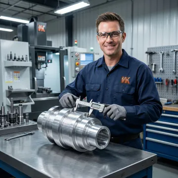Industrial machinist inspecting a precision-machined metal component with measuring instruments