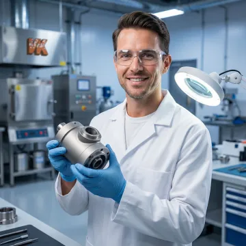 VaporKote technician inspecting boronized pump components after coating process in industrial facility