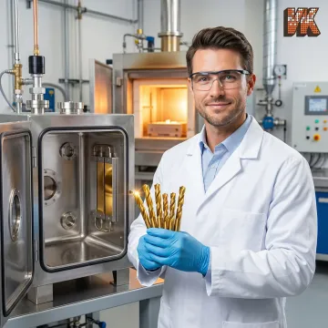 Technician inspecting coated cutting tools inside a PVD coating chamber at an industrial facility