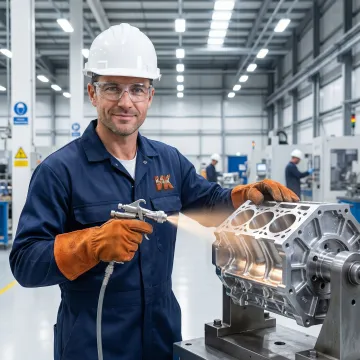 Industrial coating technician applying precision diffusion coating to automotive facility components