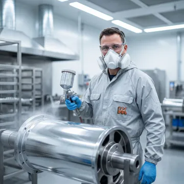 Industrial technician applying advanced protective coatings to metal components in a professional facility