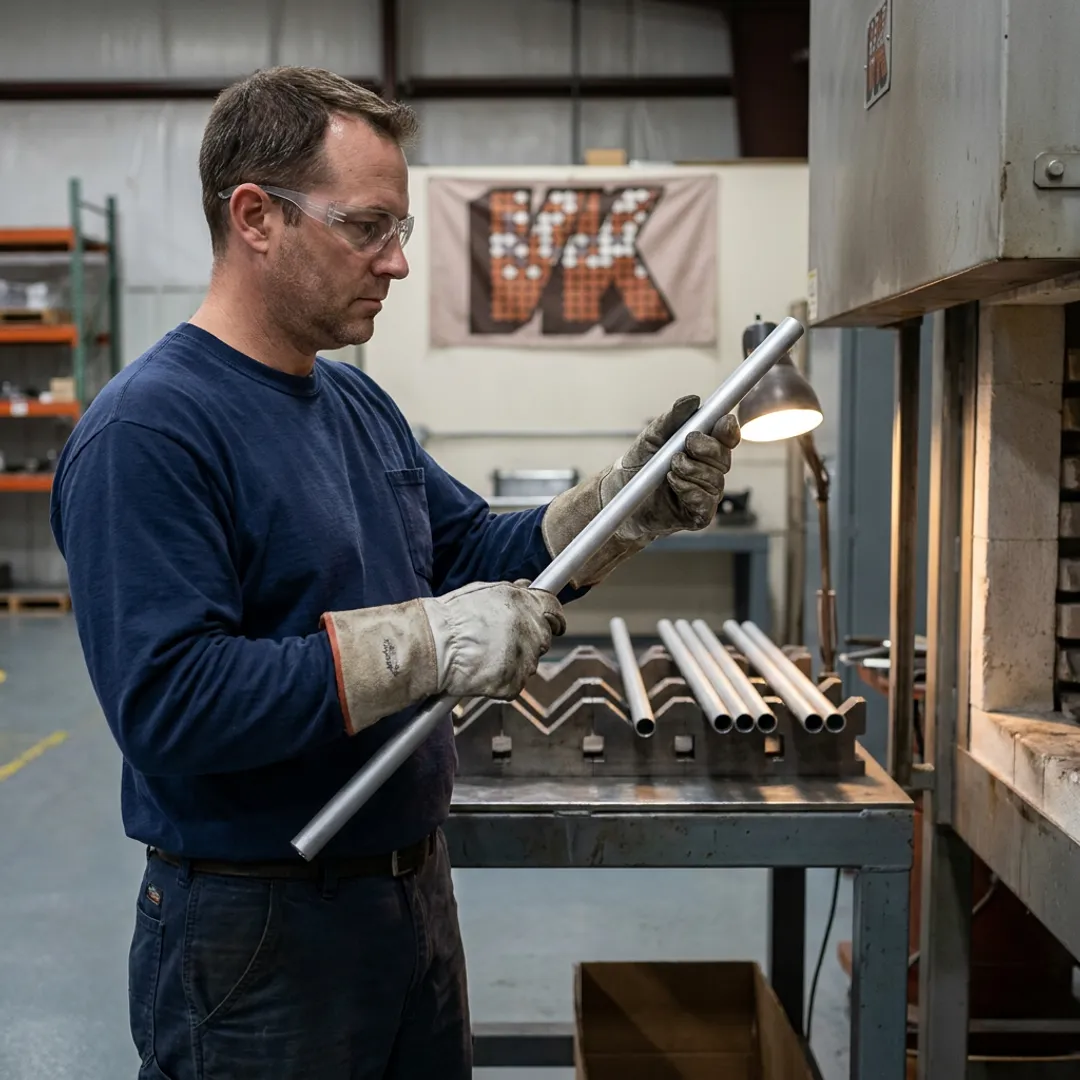 Technician inspecting boronized tubing after heat treatment