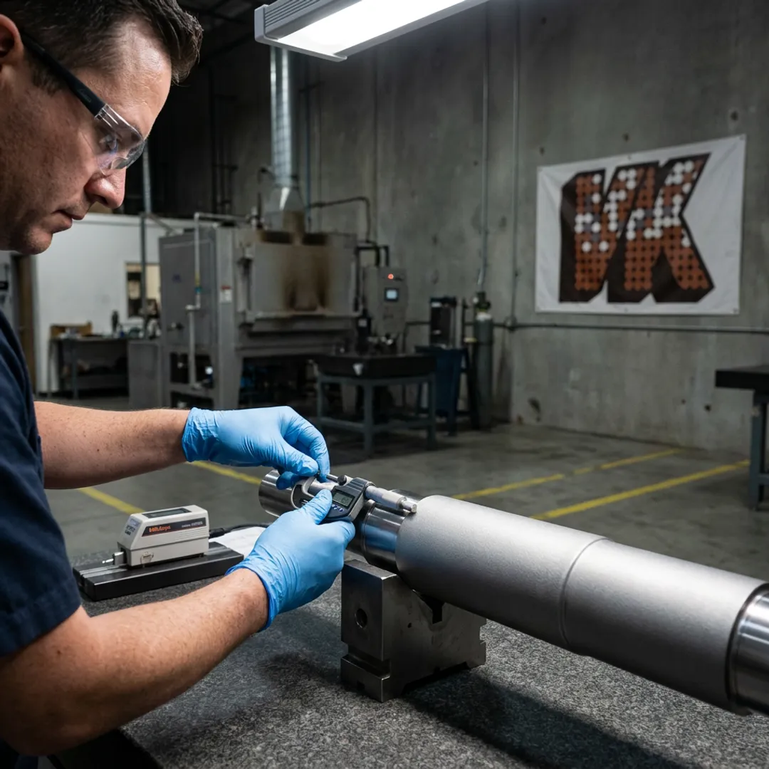 Technician inspecting coated shaft surface