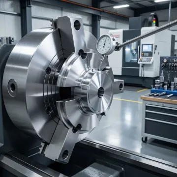 Precision machined industrial metal part with tight tolerances on workbench