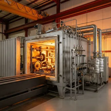 Industrial gas nitriding furnace processing metal components for surface hardening