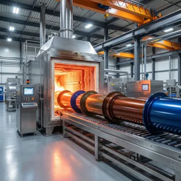 Industrial metal components undergoing advanced coating and finishing treatment in a professional facility