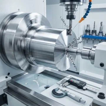 Industrial machining process showing a large metal part being precision turned on a CNC lathe
