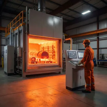 Industrial heat treating furnace processing metal components at high temperature