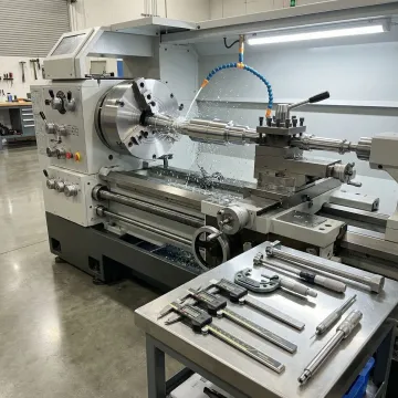 Industrial precision machining process showing CNC lathe turning a metal shaft with quality inspection tools nearby