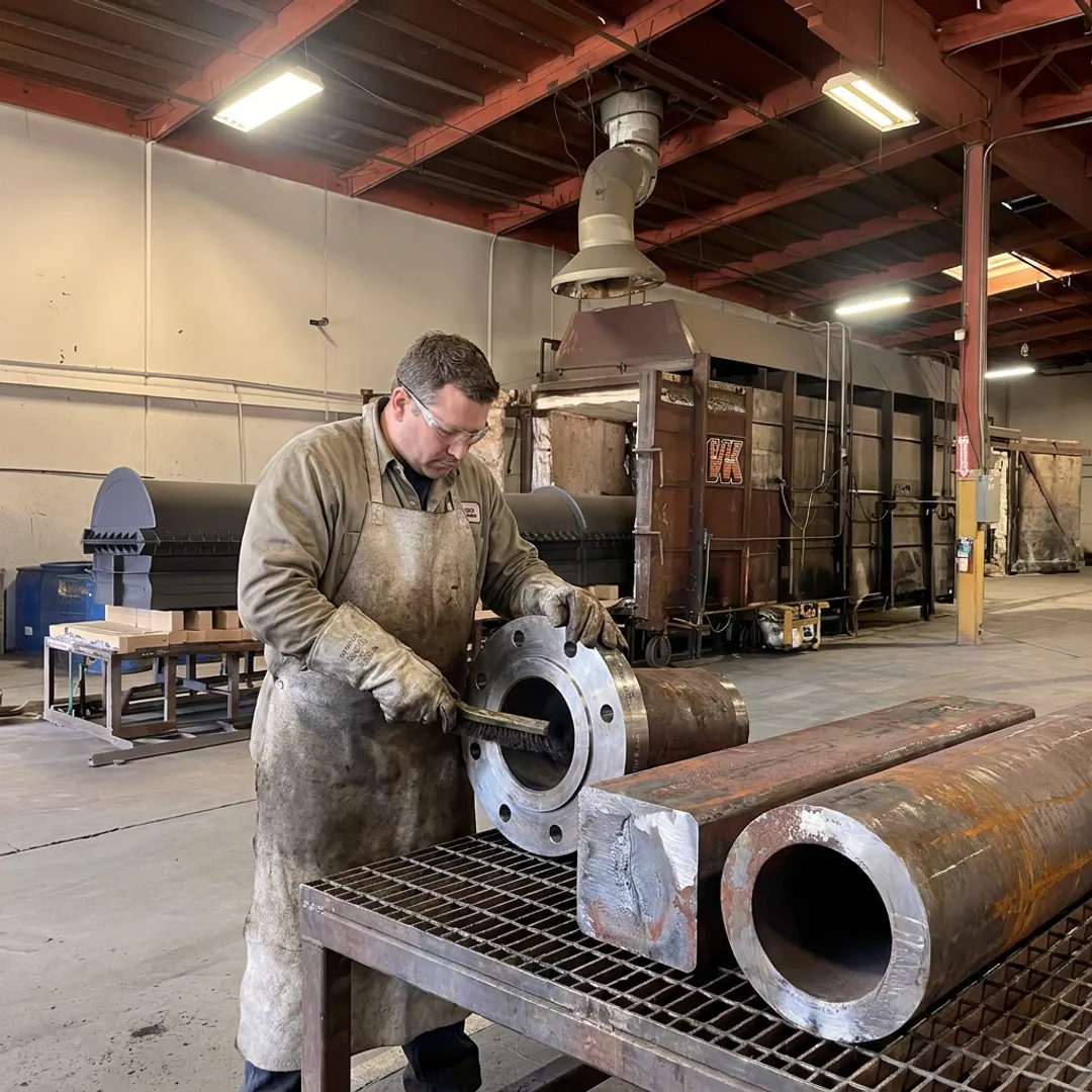 Technician preparing industrial metal parts for coating