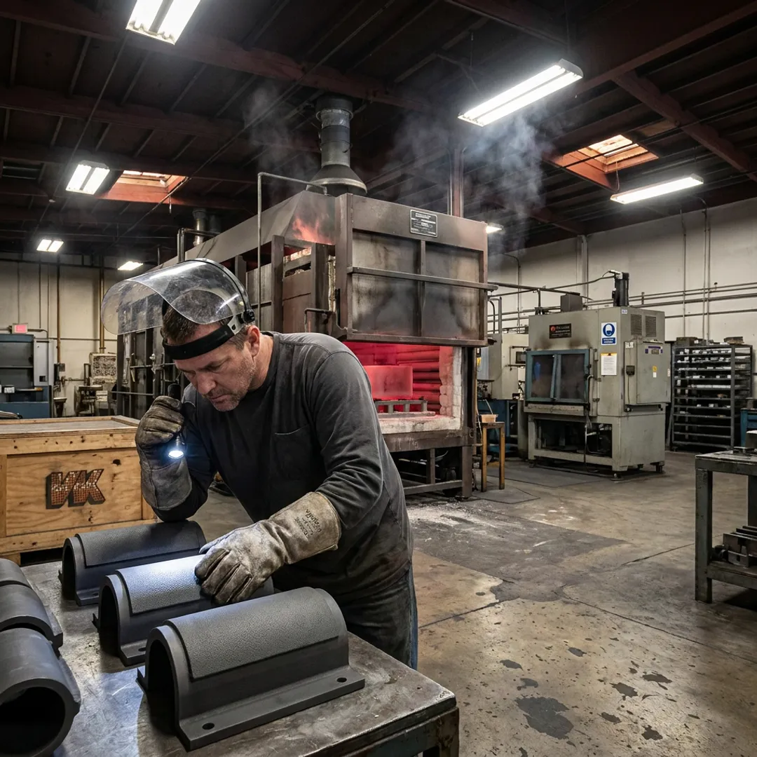 Technician inspecting coated industrial metal parts